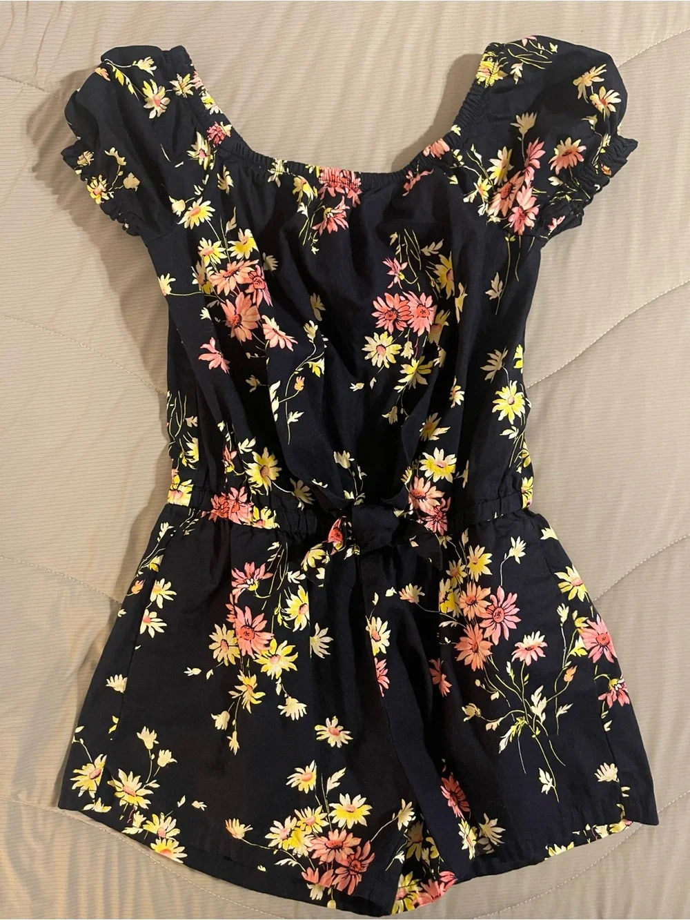 GAP Navy Floral Off-Shoulder Romper with Pink & Yellow Accents